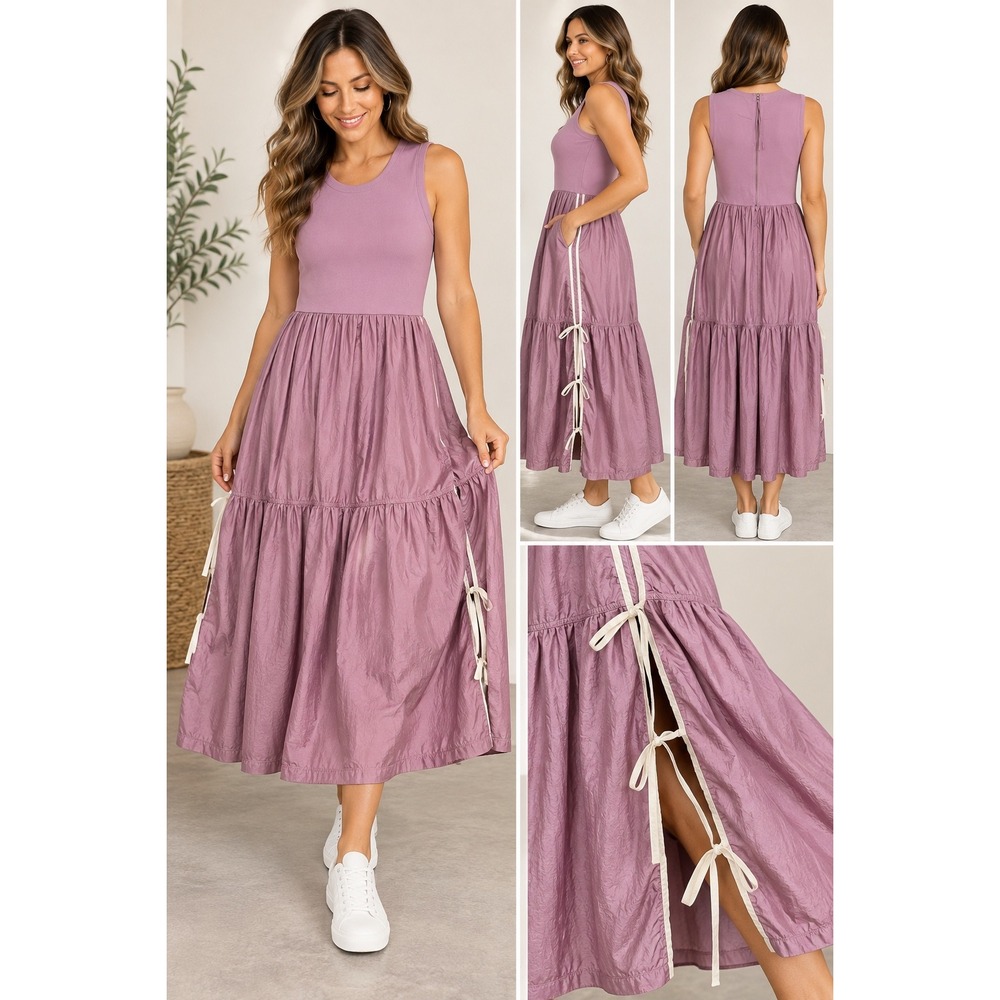 Daily Practice by Anthropologie Mauve Purple Tiered Mixed Media Midi Dress Large